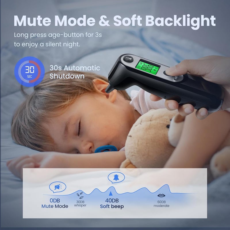 Viproud Ear Thermometer for Kids, Babies and Adults, 1 Second Accurate Digital Thermometer, Mute Function, 3-Color Fever Alert, 3 Age Groups, 30 Memory Recall with 20x Probe Covers (Dark Black) - Image 5